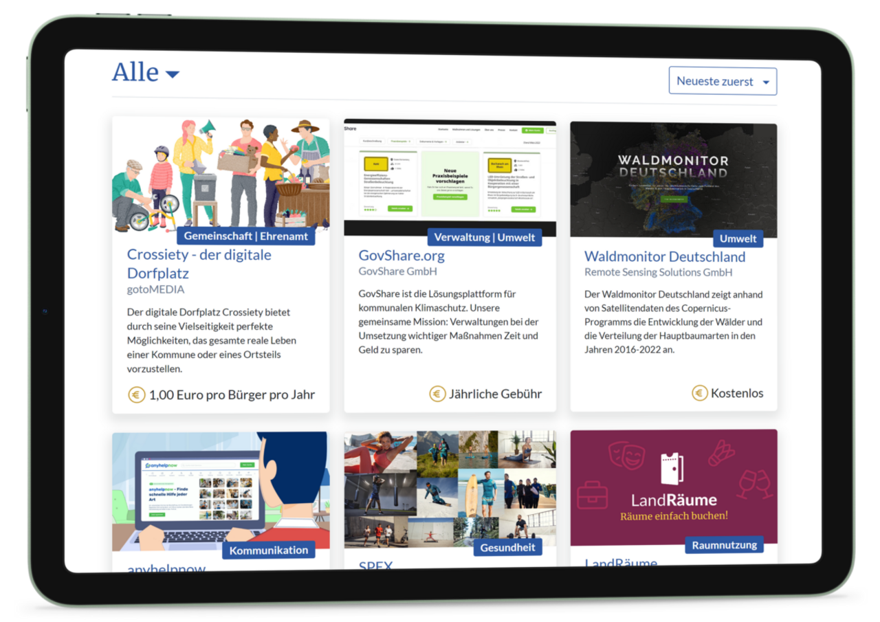 Demonstration der Startseite des Markplatz - Auflistung angebotener Lösungen